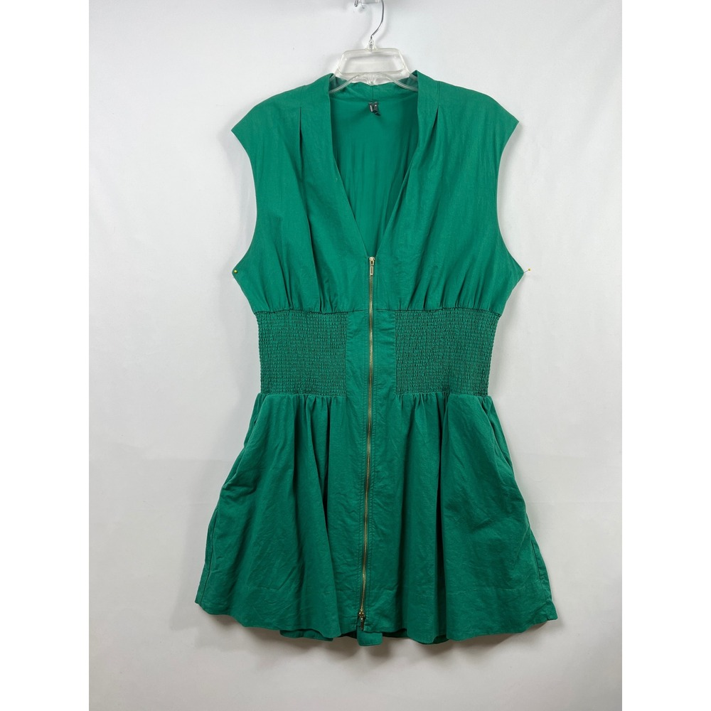 Anthropologie Dress Women XL Green Linen Blend Smocked Waist Zip Front Pockets